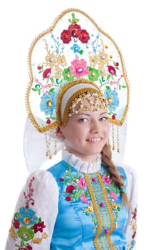 Pretty girl in blue russian costume. Isolated on white