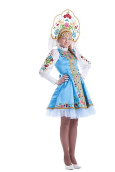 Pretty young girl in blue oriental russian costume. Isolated on white