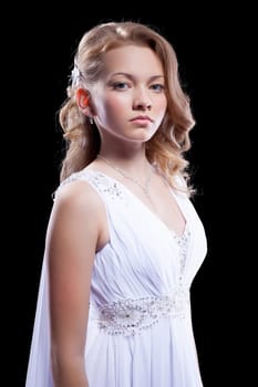 Full length portrait of young woman in beautiful long fashion dress