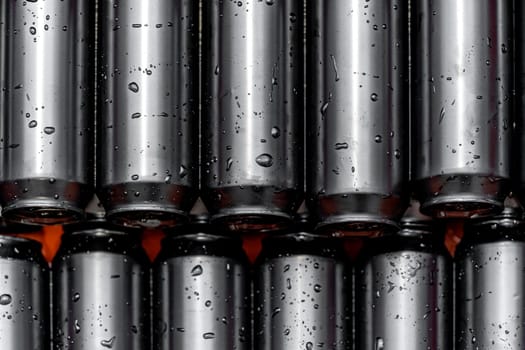 dewy cans of beer in a brewery in a dispatch warehouse.