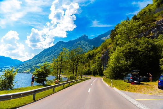 Road near the lake with mountains, Alpnachstadt, Alpnach Obwalden Switzerland.