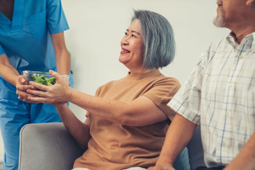 A female nurse serves a bowl of salad to a contented senior couple. Health care and medical assistance for the elderly, nursing home for pensioners.