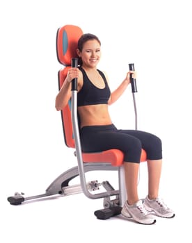 athletic woman on modern gym trainer, isolated on white