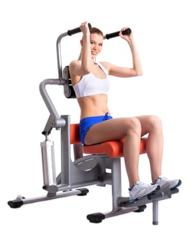 Sporty woman doing exercises on trainer, isolated on white