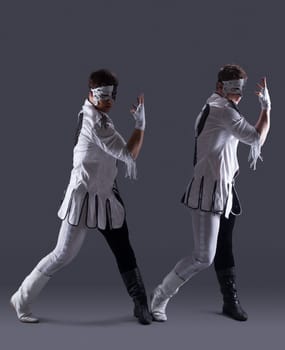 Attractive men in masquerade costumes, on gray background