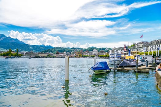 SWITZERLAND, LUCERNE - MAI 2017: Boat in the Lake Lucerne near city Lucerne, Luzern Switzerland.