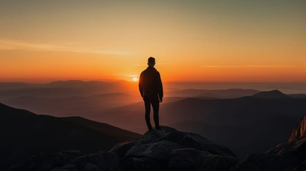 person standing on mountain during sunset. Generative AI photo