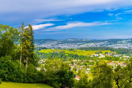 Houses and forests with meadows in Langnau am Albis, Horgen, Zurich, Switzerland.