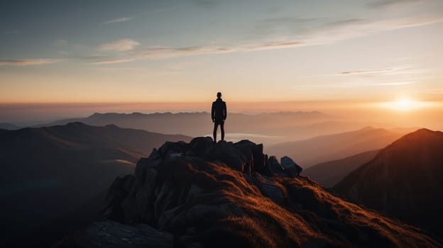 person standing on top of mountain during sunset. Generative AI photo