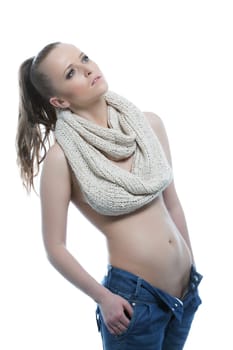 Topless woman in scarf and jeans. Isolated on white