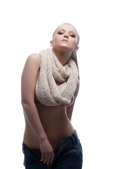 Sexy woman in scarf and jeans. Isolated on white
