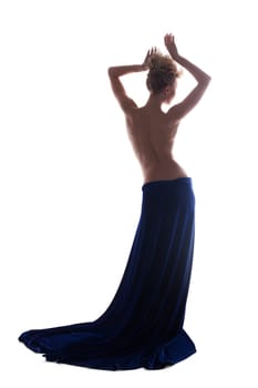Full length portrait of beautiful topless woman in blue long skirt. Isolated on white
