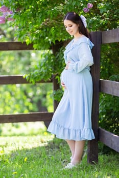 Beautiful pregnant young woman with long hair, in a light blue dress stands at the fence, in a lilac garden, on a sunny day. Vertical.Close up. copy space