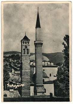 SARAJEVO, YUGOSLAVIA - CIRCA 1967: Vintage postcard shows The Gazi Husrev-bey Mosque in Sarajevo.