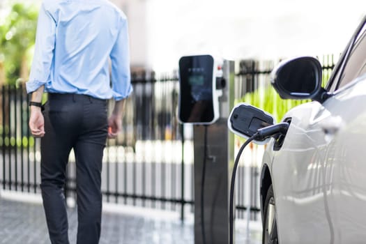 Closeup progressive suit-clad businessman with his electric vehicle recharge his car on public charging station in modern city with power cable plug and renewable energy-powered electric vehicle.