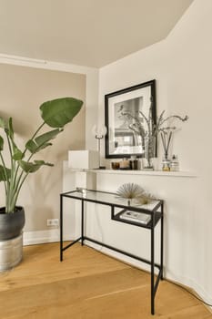 a living room with a large plant in the corner and a mirror on the wall above it that is hanging over the console table