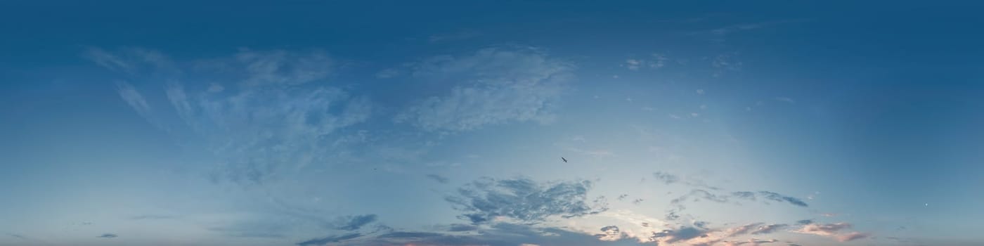 Dark blue sunset sky panorama with pink Cumulus clouds. Seamless hdr 360 pano in spherical equirectangular format. Full zenith for 3D visualization, game, sky replacement for aerial drone panoramas