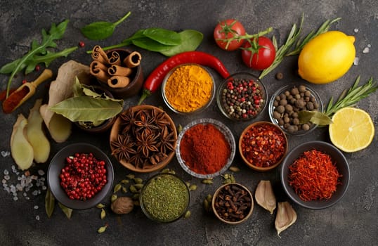 Multicolored herbs and spices for cooking. Indian spices. Against the background of black stone. View from above.