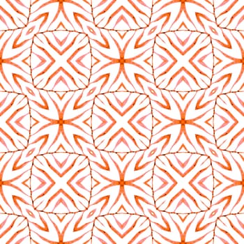 Hand painted tiled watercolor border. Orange lively boho chic summer design. Textile ready fair print, swimwear fabric, wallpaper, wrapping. Tiled watercolor background.