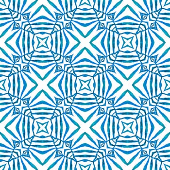 Watercolor ikat repeating tile border. Blue fabulous boho chic summer design. Textile ready perfect print, swimwear fabric, wallpaper, wrapping. Ikat repeating swimwear design.