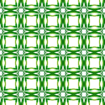 Textile ready pleasant print, swimwear fabric, wallpaper, wrapping. Green quaint boho chic summer design. Watercolor ikat repeating tile border. Ikat repeating swimwear design.