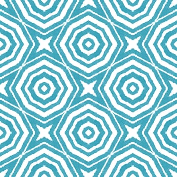 Ikat repeating swimwear design. Turquoise symmetrical kaleidoscope background. Summer ikat sweamwear pattern. Textile ready precious print, swimwear fabric, wallpaper, wrapping.