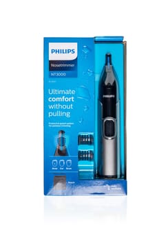 Antalya, Turkey - March 19, 2023 : A package of Philips nose trimmer 3000 series on an isolated background