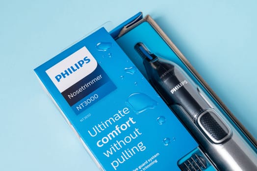 Antalya, Turkey - March 19, 2023 : A package of Philips nose trimmer 3000 series on an isolated background