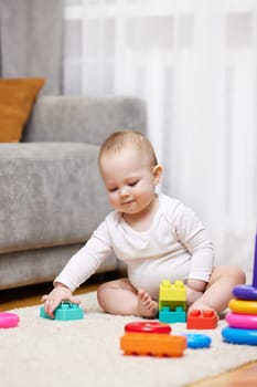 cute baby girl playing with toys on a carpet at home