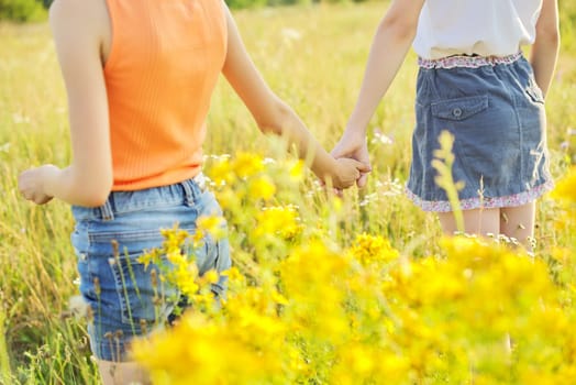 Friendship symbol, kids girls holding hands walking forward together, summer meadow with flowers and herbs background