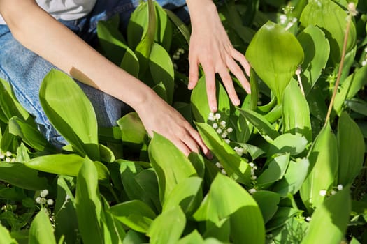 Green spring background, woman's hand with lily of the valley flowers in the spring garden