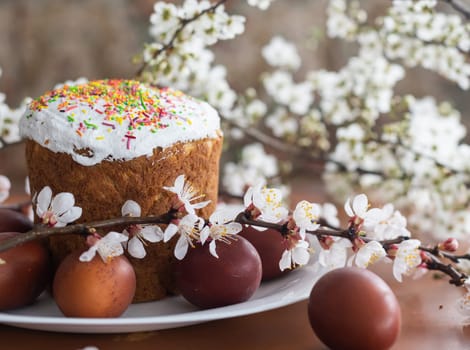 Easter cake and painted eggs.