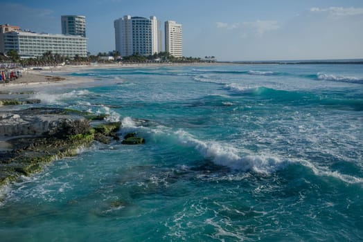 Sea shore on the Caribbean beach in the Area Hoteleria in Cancun Quintana Roo Mexico.