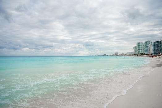 Sea shore on the Caribbean beach in the Area Hoteleria in Cancun Quintana Roo Mexico.