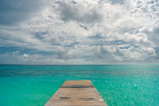 Seagull on a pier overlooking the Caribbean Sea. Mexico.