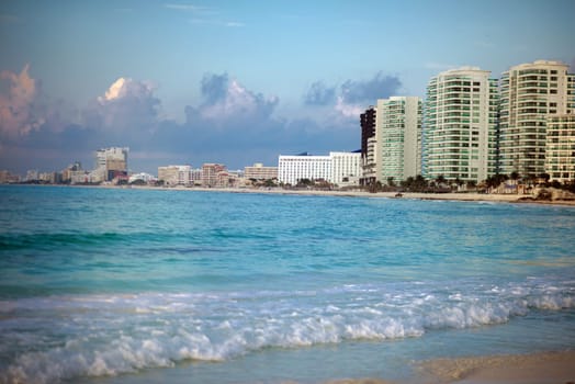 Sea shore on the Caribbean beach in the Area Hoteleria in Cancun Quintana Roo Mexico.