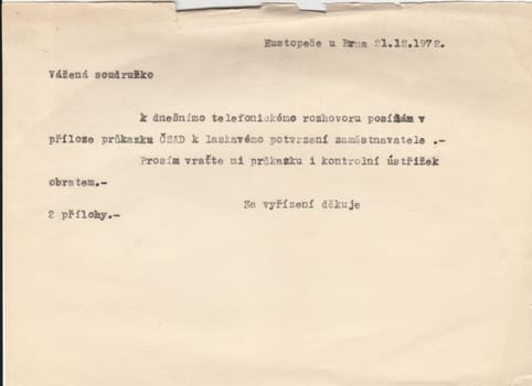 BRECLAV, THE CZECHOSLOVAK REPUBLIC, CIRCA 1972: Old grunge letter by a vintage typewriter. Text in Czech. Communist era, circa 1972.