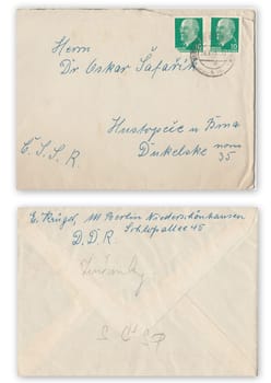 BERLIN, GERMANY, SEPTEMBER 26: Front and back of vintage envelope. Letter was sent from Germany - DDR to Czechoslovakia - CSSR, 1966 in Berlin