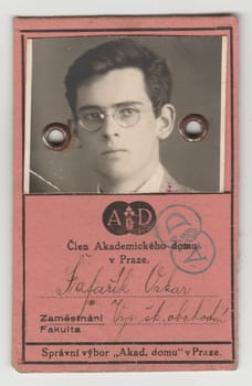 PRAGUE, THE CZECHOSLOVAK REPUBLIC, 1926. Front of student identity card to Akademicky dum -Academic institution in Prague, 1926.