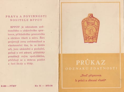 THE CZECHOSLOVAK REPUBLIC, NOVEMBER 8, 1955: Front of communistic card - Prukaz odznaku zdatnosti in Czech, November 8, 1955.