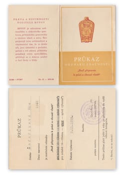 THE CZECHOSLOVAK REPUBLIC, NOVEMBER 8, 1955: Front and back of communistic card - Prukaz odznaku zdatnosti - in Czech, November 8, 1955.