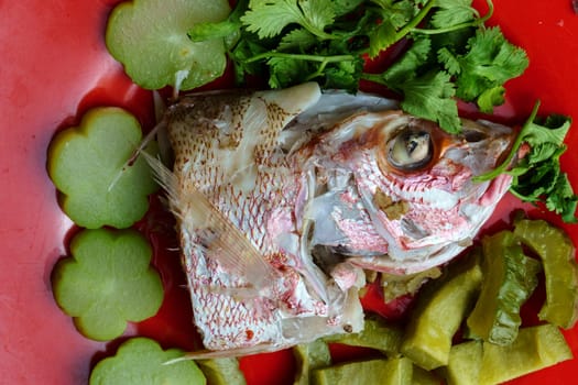 Steamed red snapper head with bitter gourds and chayotes on red plate. Studio shot. Selective focus. Copy space.
