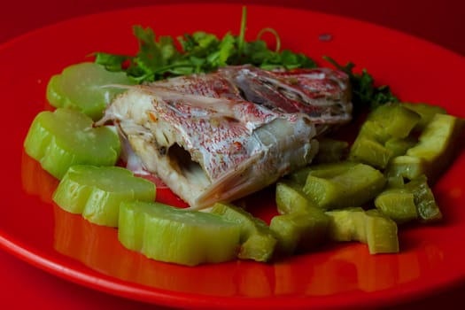 Steamed red snapper head with bitter gourds and chayotes on red plate. Studio shot. Selective focus. Copy space.