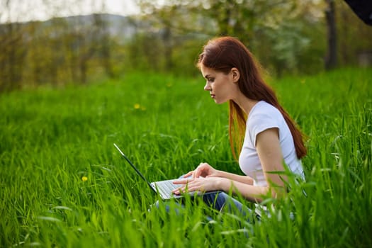 female freelancer working in nature sitting in the grass in nature with a laptop. High quality photo