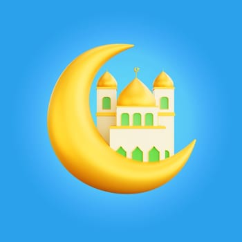 3d rendering of moon and mosque ramadan icon