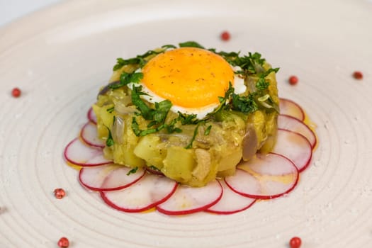 Recipe of courgette meat, onion, potato, garlic, pepper, coriander and egg yolk fried on a bed of round radish, High quality photo