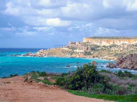 Golden Bay beach, Maltese islands. landscape. windy cloudy weather
