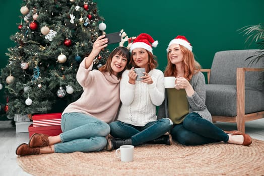 I cant wait to get this framed. three attractive women taking Christmas selfies together at home