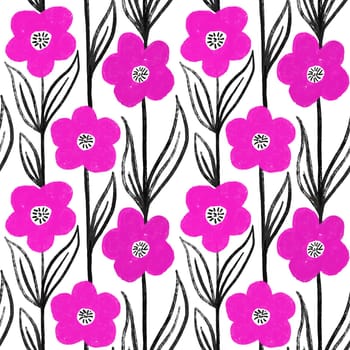 Hand drawn seamless pattern with hot pink fuchsia flowers with black leaves on white background. Floral daisy in vertical lines in mid century modern style, botanical decoration design for wallpaper textile blossom bloom print