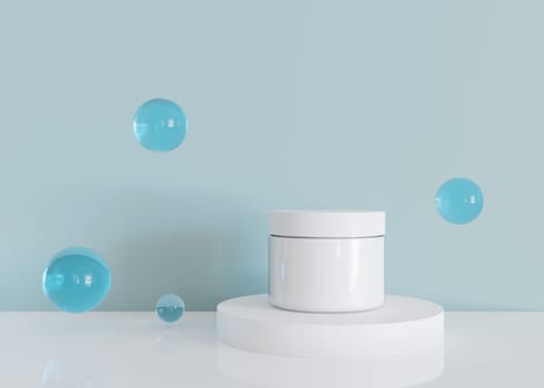 White, blank, unbranded cosmetic cream jar with flying spheres on blue background. Skin care product presentation. Elegant mockup. Skincare, beauty and spa. Jar with copy space. 3D rendering